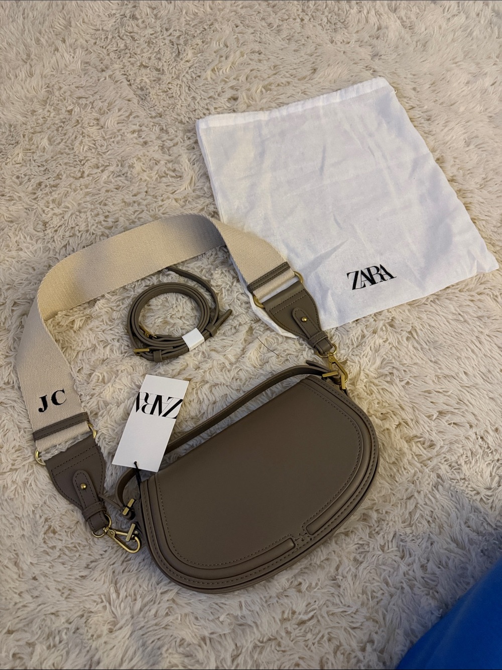 ZARA Taupe Brown Saddle Crossbody Bag with Customized Wide Canvas Strap